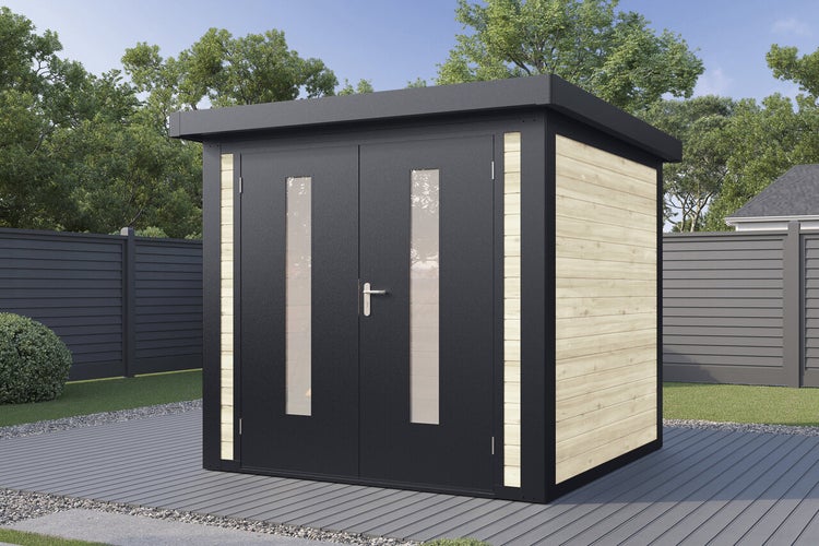 Modernes Gartenhaus mit Flachdach und Doppeltür mit Glaseinsätzen, gefertigt aus Holz und Metall, auf einer Terrasse im Garten platziert.
