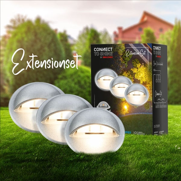 Briloner Connect to Shine Erweiterungsset mit drei runden silberfarbenen LED-Außenleuchten für den Garten, Schutzart IP65.
