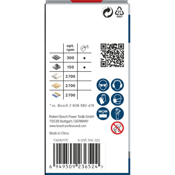 Verpackungsaufdruck mit Informationen zu optimaler Drehzahl und erforderlicher Schutzausrüstung.