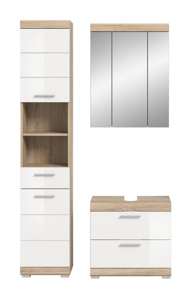 Dreiteiliges Badmöbel-Set bestehend aus Hochschrank, Spiegelschrank und Waschbeckenunterschrank in Eiche-Optik mit weißen Fronten.