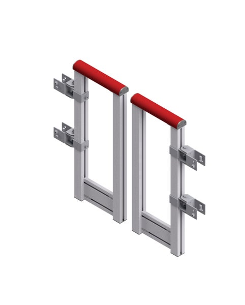 Zwei Metallgriffe mit roten Handgriffen und seitlichen Montagehalterungen.