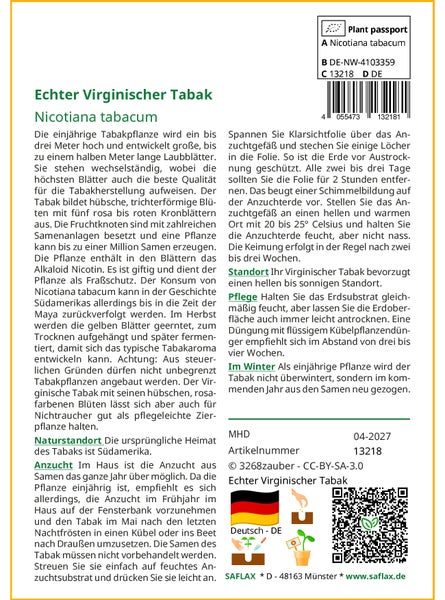 SAFLAX Geschenk Set - Echter Virginischer Tabak - Nicotiana tabacum - 250 Samen - Mit Geschenkbox, Versandaufkleber, Geschenkkarte und Anzuchtsubstrat