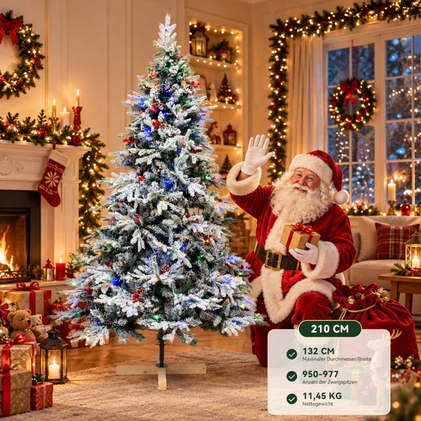 Weihnachtsbaum mit Schnee und Beleuchtung, Höhe 210 Zentimeter, Breite 132 Zentimeter, 950 bis 977 Zweigspitzen, Gewicht 11,45 Kilogramm.