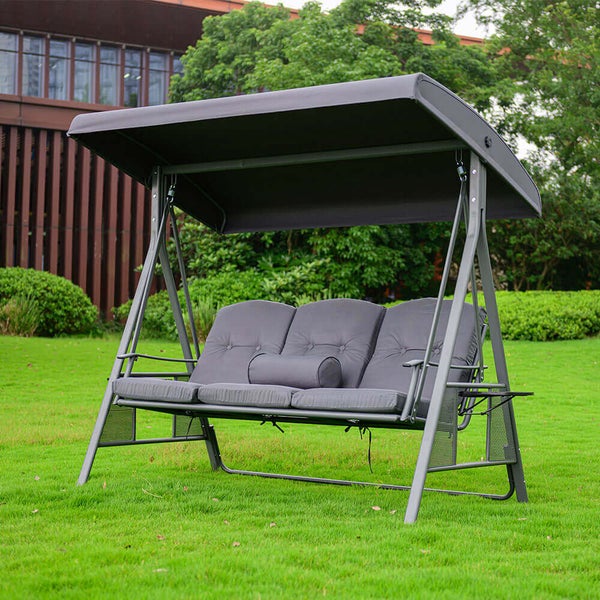 Home Deluxe - Hollywoodschaukel DESCANSO Grau - 3-Sitzer, B/H/L 115cm x 195cm x 198cm, inkl. Getränkehalter, Sitz- und Rückenkissen I Gartenliege Gartenlounge Schaukelliege