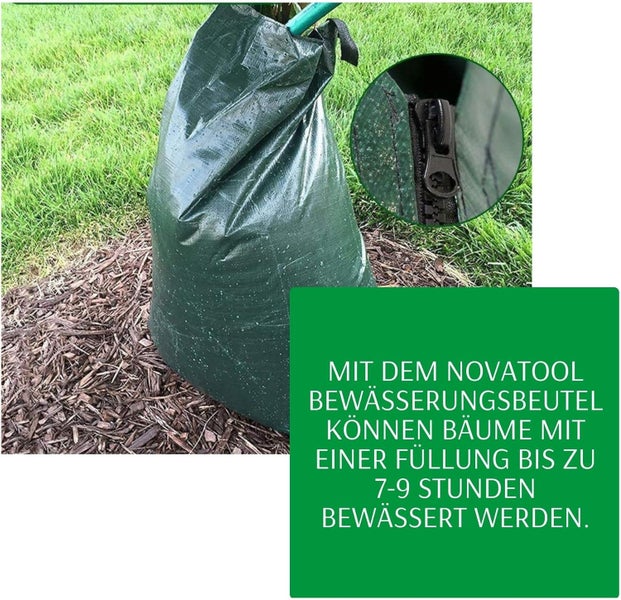 Novatool Bewässerungsbeutel für Bäume mit Reißverschluss, Bewässerungszeit sieben bis neun Stunden pro Füllung.