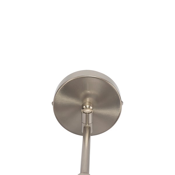 Runde Wandhalterung aus gebürstetem Metall mit Gelenk für eine Leuchte.