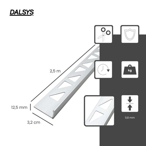 DALSYS Fliesenprofil L-Form, Höhe 12,5 Millimeter, Länge 2,5 Meter, Breite 3,2 Zentimeter, Stärke 0,8 Millimeter, perforiert, zuschneidbar und robust.