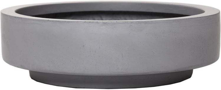 Runde, flache Pflanzschale in Grau mit Betonoptik.