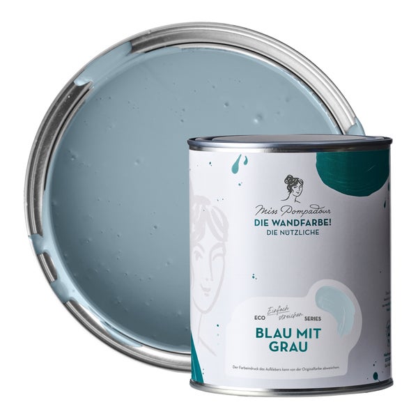 MissPompadour abwaschbare Wandfarbe 1L Blau mit Grau - hohe Deckkraft und Ergiebigkeit - matte, scheuerbeständige Innenfarbe - geruchsarm, wasserbasiert, atmungsaktiv - Die Nützliche