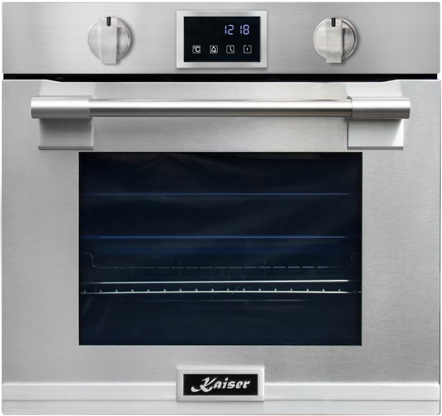 Einbau Backofen aus Edelstahl mit Digitalanzeige und Drehreglern der Marke Kaiser