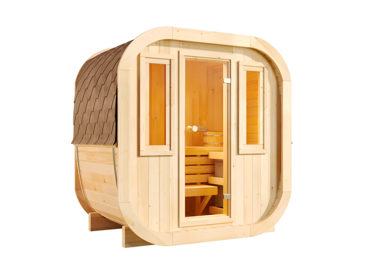 Produktetikett eines Fächerahorns Acer palmatum Skeeters Broom an einem Strauch mit rötlichem Laub.