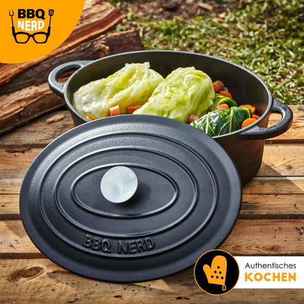 BBQ-Nerd Bräter (rund) mit Deckel 6,3 L aus Gusseisen mit Emaille-Beschichtung | Bratentopf Kochtopf Gusseisentopf - ideal zum langsamen Garen | Energieeffiziente, wärmespeichernde Cocotte