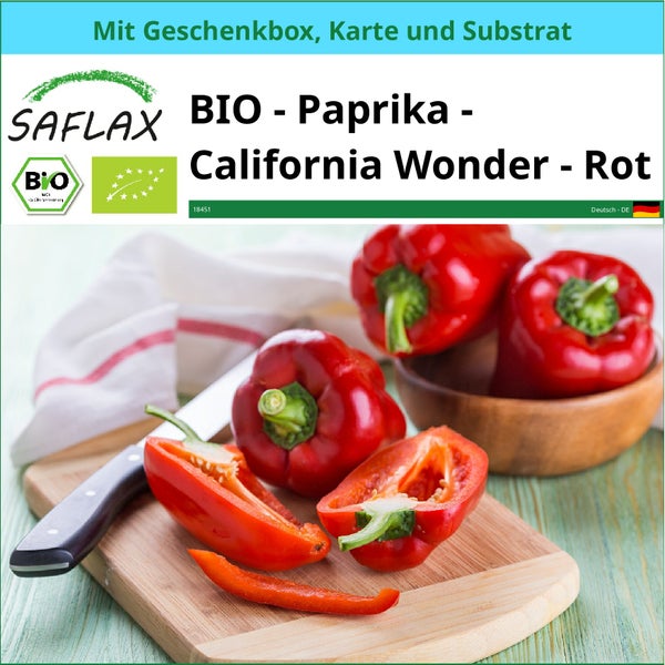 SAFLAX Geschenk Set - BIO - Paprika - California Wonder - Rot - Capsicum annuum - 20 Samen - Mit Geschenkbox, Versandaufkleber, Geschenkkarte und Anzuchtsubstrat