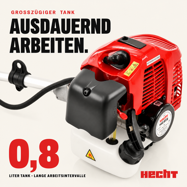 Benzin-Motorsense Hecht mit 0,8 Liter Tank für lange Arbeitsintervalle. Hecht Logo.
