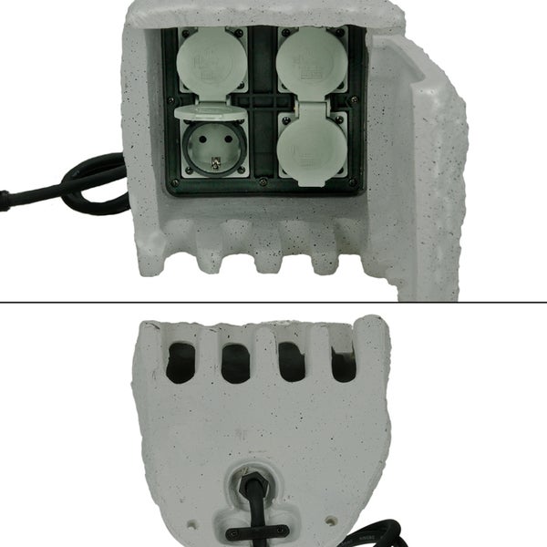 ECD Germany Power Rock Gartensteckdose Steinsteckdose 4-fach mit 1,5m Kabel, Klapptür, in Steinoptik, Dunkelgrau, bis 3680W, IP44 Wetterfest, Außensteckdose Mehrfachsteckdose Steckdose Stromverteiler