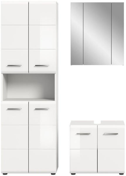 Badmöbel-Set bestehend aus Hochschrank mit offenem Fach, dreitürigem Spiegelschrank und Waschbeckenunterschrank.
