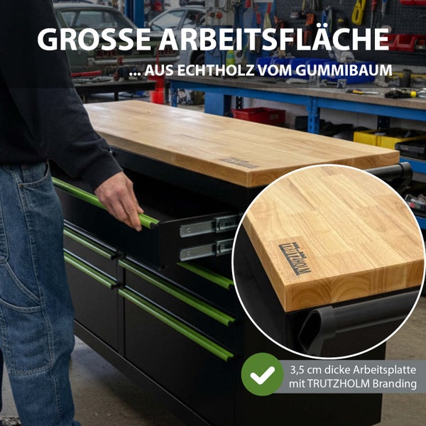 Werkbank mit großer Arbeitsfläche aus Echtholz vom Gummibaum und Schubladen