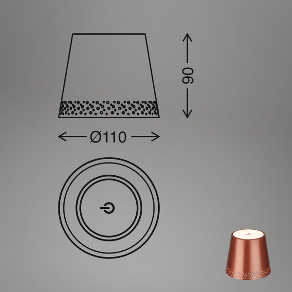 Maßzeichnung einer Tischlampe mit einer Höhe von 90 Millimetern und einem Durchmesser von 110 Millimetern.