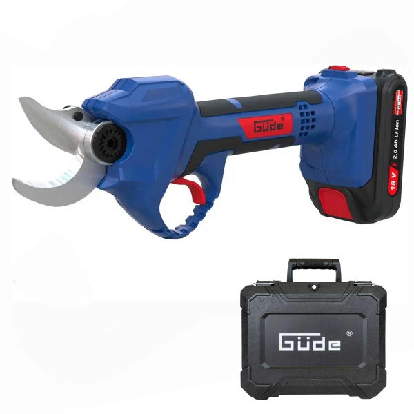 Güde Akku-Astschere mit 18 Volt Lithium-Ionen-Akku und schwarzem Transportkoffer.
