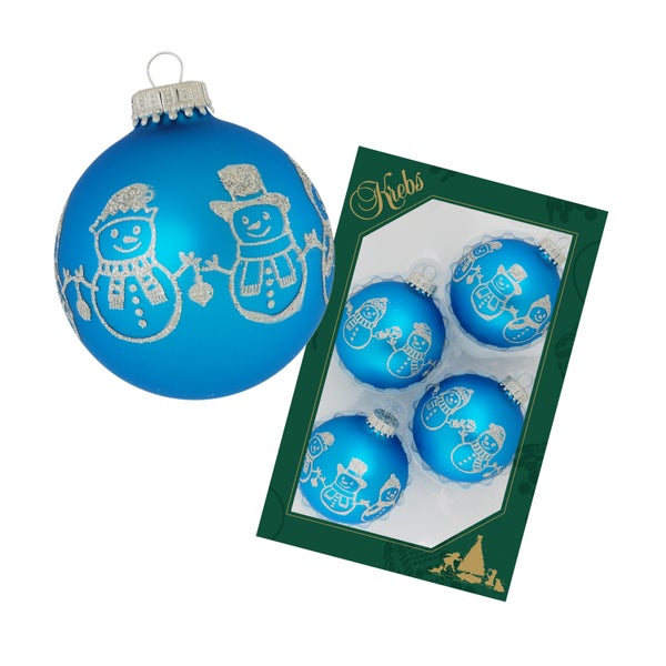 Hellblau glanz 7cm Glaskugel mit Silberglitter-Banddekoration Schneemann, 4 Stck., Weihnachtsbaumkugeln, Christbaumschmuck, Weihnachtsbaumanhänger