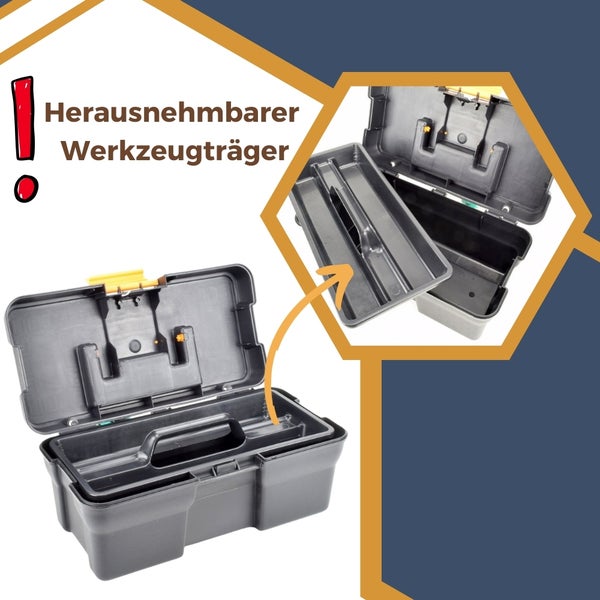 Geöffnete schwarze Werkzeugkiste mit herausnehmbarem Werkzeugträger
