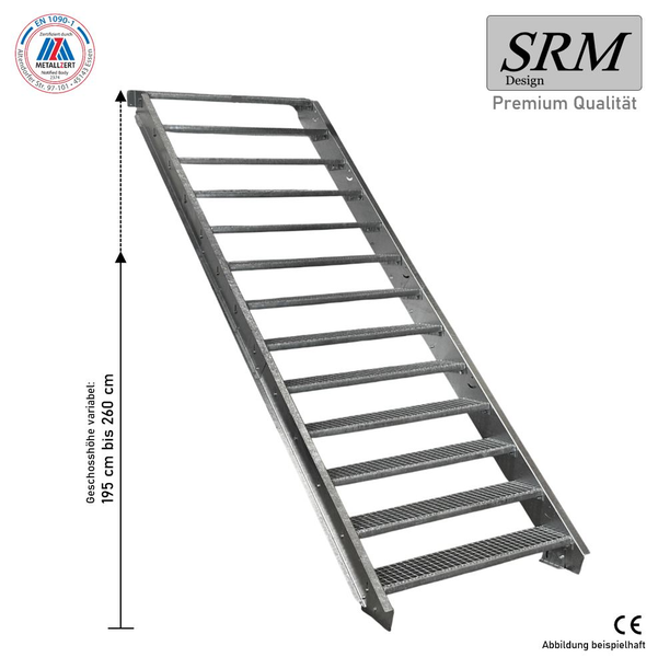 Stahltreppe mit Gitterroststufen, Geschosshöhe variabel 195 bis 260 Zentimeter, SRM Design Logo, EN 1090-1 zertifiziert, CE-Kennzeichnung.