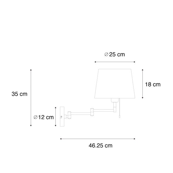 Maßzeichnung einer Wandleuchte mit Schwenkarm: Gesamthöhe 35 Zentimeter, Breite 46,25 Zentimeter, Schirmdurchmesser 25 Zentimeter.