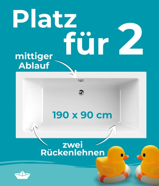 Rechteckige Badewanne 190 mal 90 Zentimeter mit Platz für zwei Personen, mittigem Ablauf und zwei Rückenlehnen.
