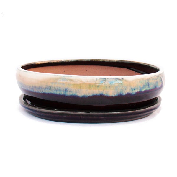 Ovale Bonsaischale aus blau-beige glasierter Keramik mit passendem Untersetzer.