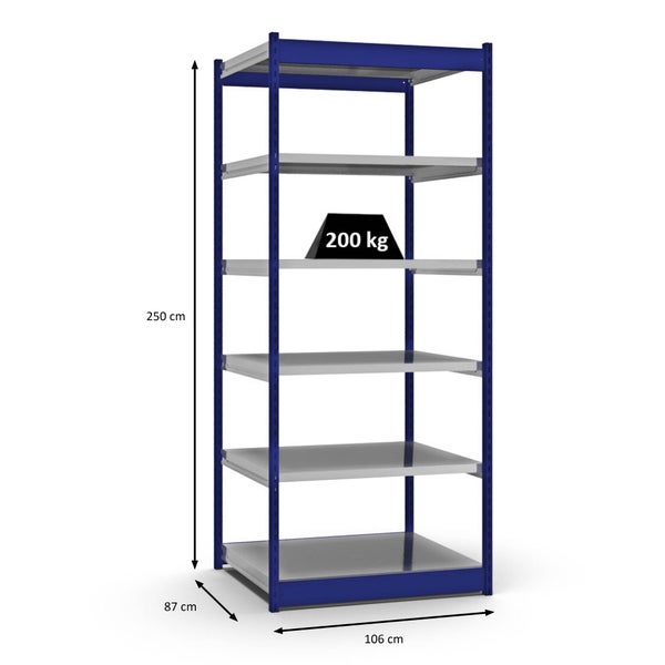 PROREGAL Fachbodenregal Stecksystem Vierkant-Profil Grundregal HxBxT 250 x 102,5 x 80 cm 6 Ebenen Einseitige Bauart Fachlast 200 kg Enzianblau
