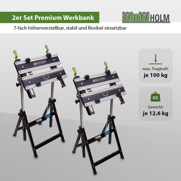 Zweiteiliges Set aus höhenverstellbaren Werkbänken von Trutzholm mit 100 Kilogramm Tragkraft je Werkbank für flexible Anwendungen.
