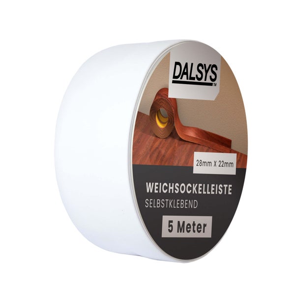 Dalsys selbstklebende Weichsockelleiste in Weiß, 28 Millimeter mal 22 Millimeter, 5 Meter Länge.