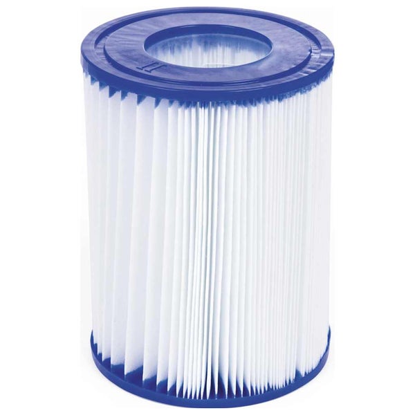 Zylindrische Poolfilterkartusche Typ zwei mit weißem Faltenfilter und blauen Kunststoffkappen.