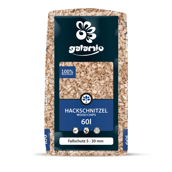 Ein 60 Liter Sack Galamio Hackschnitzel aus 100 Prozent Waldkiefer zur Nutzung als Fallschutz mit einer Körnung von 5 bis 30 Millimeter.