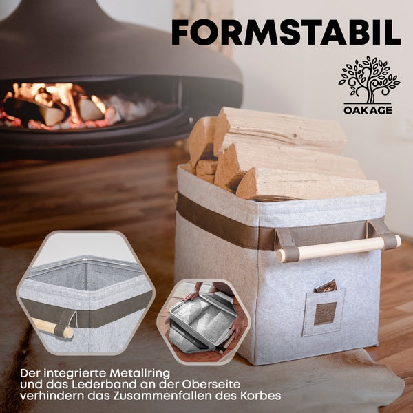 OAKAGE® Classic Hellgrau Holzkorb Filz - Metallrahmen für Zusatzstabilität - 42x32x35cm