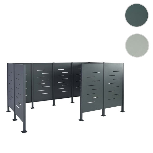 Modulares Sichtschutz-System aus Metall mit horizontalen Schlitzen und Pfosten.