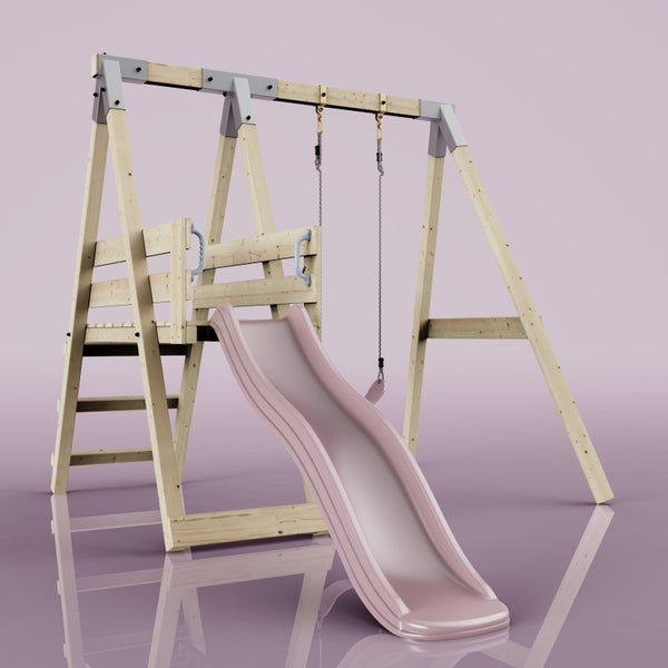 Spielturm aus Holz mit Schaukel, rosa Wellenrutsche und Kletterleiter.