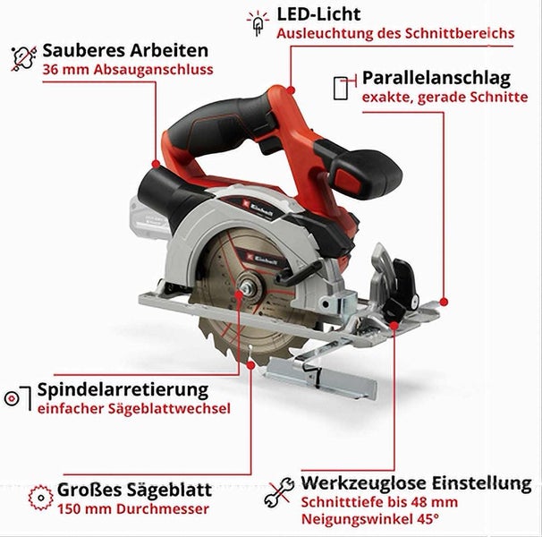 Einhell Handkreissäge mit LED-Licht, Parallelanschlag, Absauganschluss, Spindelarretierung, 150 Millimeter Sägeblatt und werkzeugloser Einstellung.