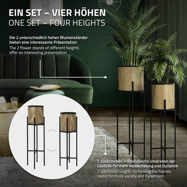ML-Design Blumenständer 2er Set Schwarz-Gold 16,5x16,5x80,5 cm/19x19x90 cm, Stahl, Blumentopfständer mit Übertopf, Metall Pflanzenständer, Blumentopfhalter 2-tlg, Pflanztopf Blumensäule Blumenhocker