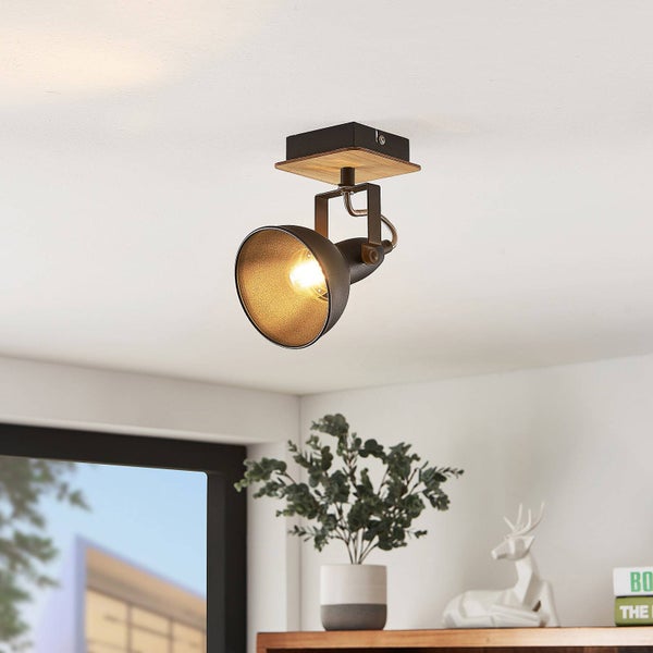 Deckenleuchte mit Holzsockel und verstellbarem Strahler