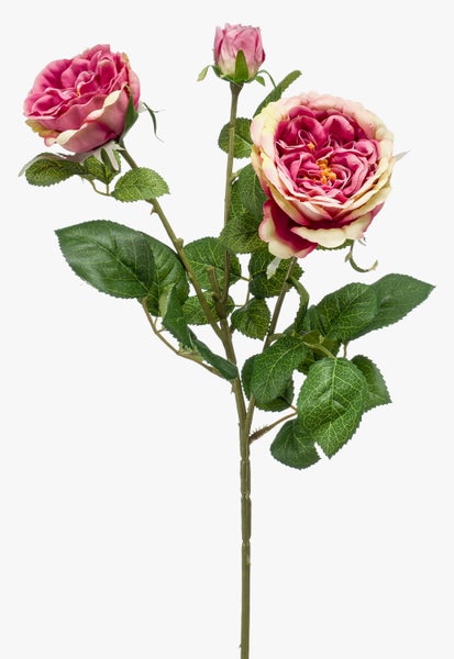 Künstlicher Rosenzweig mit zwei rosa-cremefarbenen Blüten, einer Knospe und grünen Blättern.