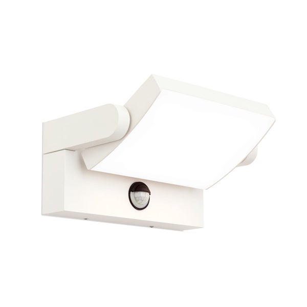 Moderne LED-Außenwandleuchte mit integriertem Bewegungsmelder und schwenkbarem, quadratischem Lichtelement.