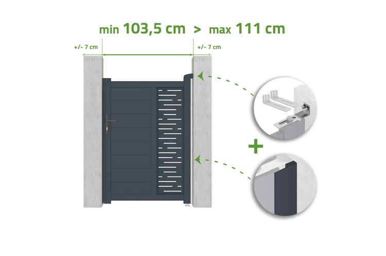 Darstellung einer Gartentür mit Breitenangaben und Montagehinweisen