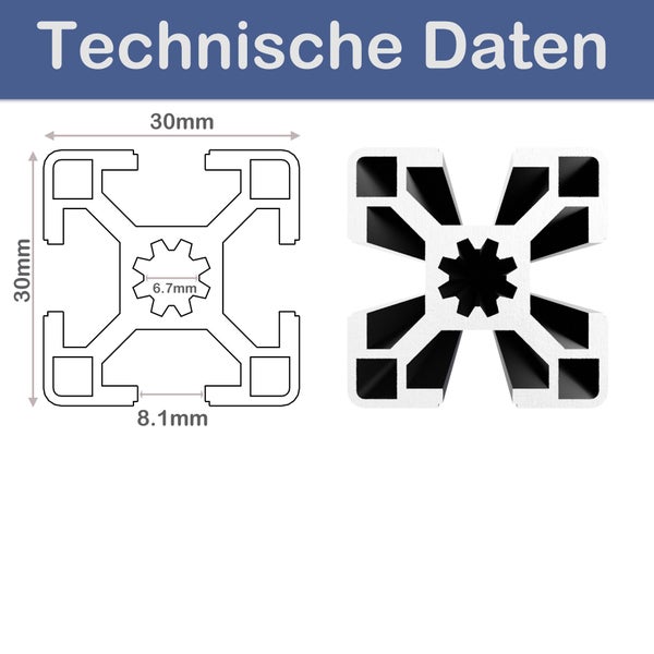 Technische Zeichnung und Detailaufnahme eines Aluminiumprofils mit 30 Millimeter Kantenlänge