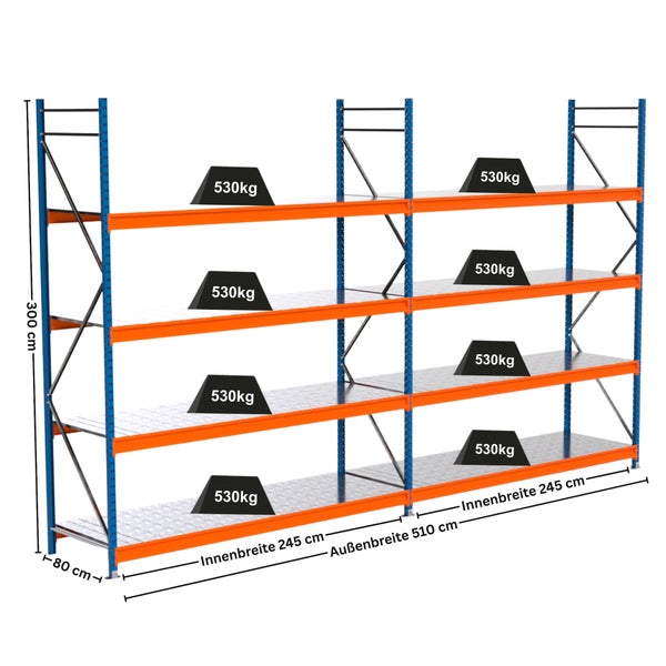 Regal mit vier Ebenen und Gewichtsangabe