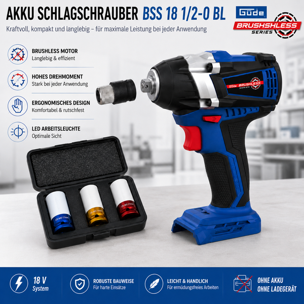 Blauer Güde Akku-Schlagschrauber BSS 18 1/2-0 BL mit bürstenlosem Motor und Steckschlüsselsatz. Ohne Akku und Ladegerät.