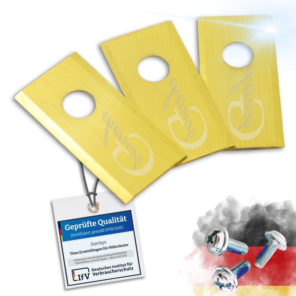 Drei Titan-Ersatzklingen mit Schrauben für Mähroboter, geprüft nach DVN 5001.