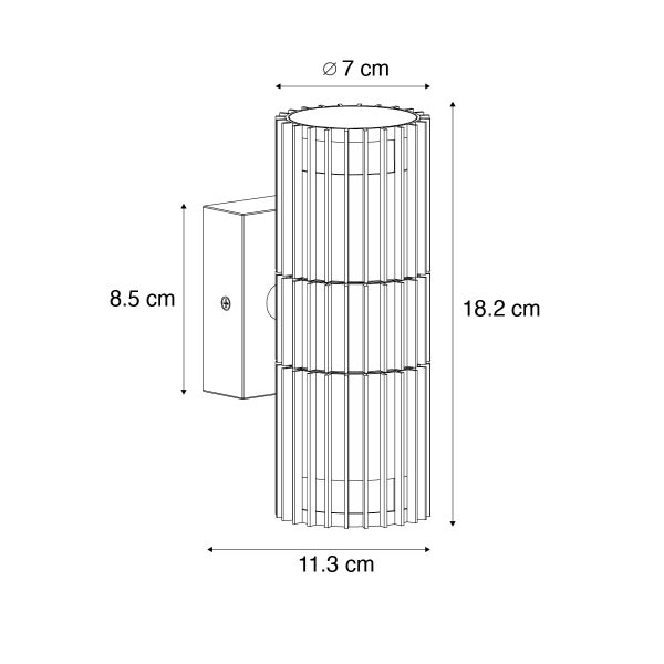 Maßzeichnung einer zylindrischen Wandleuchte mit Rillenstruktur: Höhe 18,2 Zentimeter, Breite 11,3 Zentimeter, Durchmesser 7 Zentimeter.