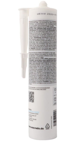 Kartusche MS Polymer Kleber und Dichtstoff in Weiß mit aufgesteckter Düse und Produktinformationen.