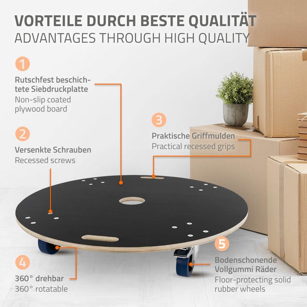 ECD Germany Transportroller rund Ø87x14,5 cm mit Siebdruckplatte und 2 gebremsten Rollen, 800kg Tragkraft, Rollbrett Möbelroller, Transporthilfe für Umzug Möbel-Transport, Rollwagen Roller Transporter